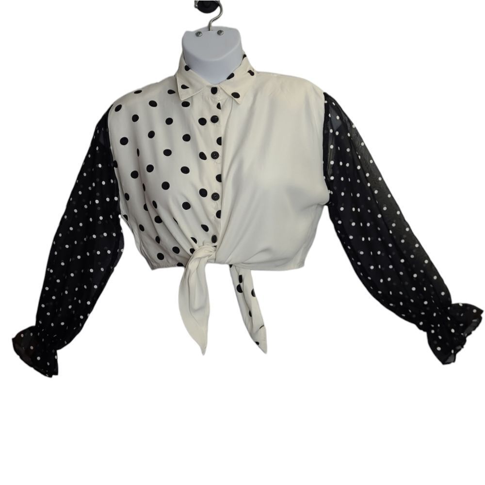 VINTAGE 90s black and white polka dot long sleeve button up tie crop top‎ S
